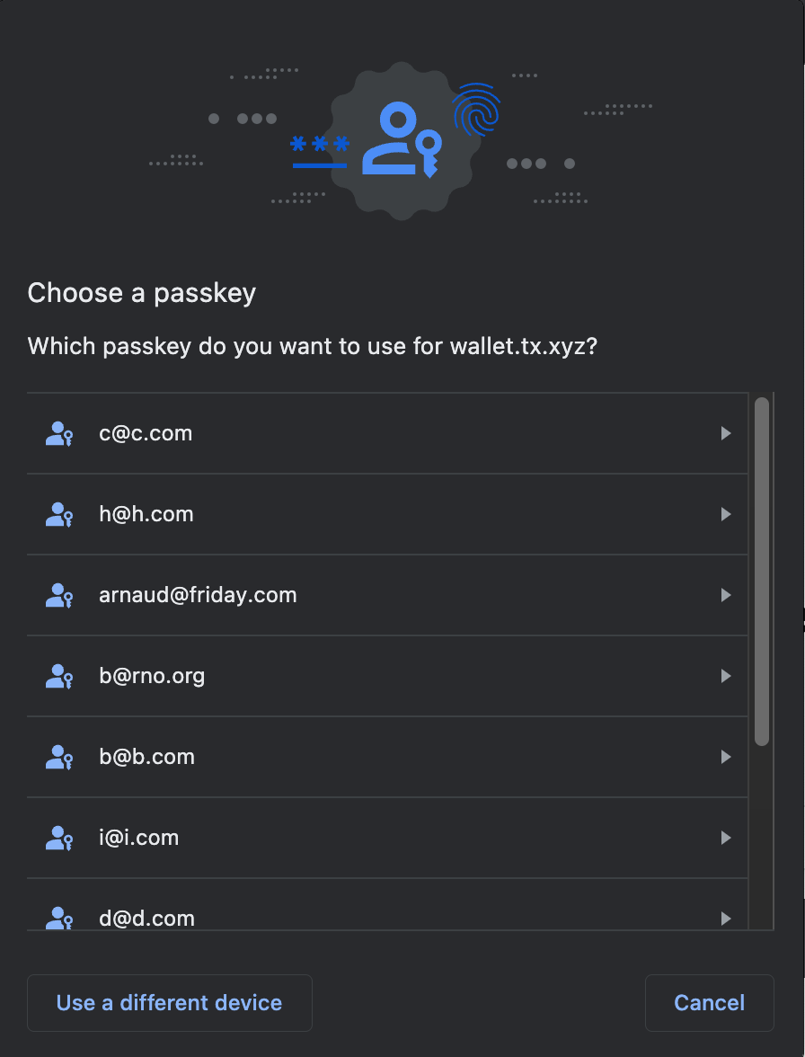 Passkey selection on Chrome